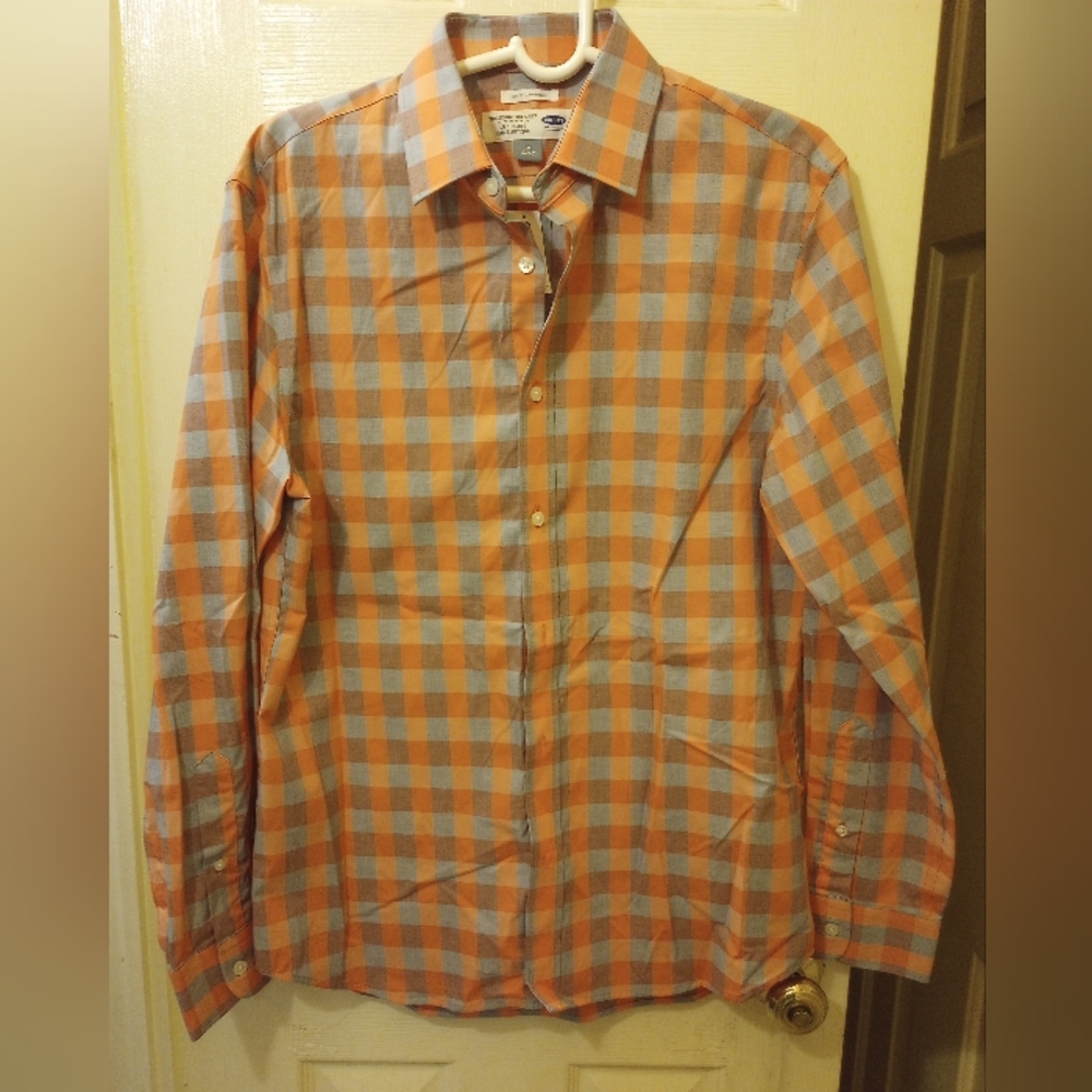 Gray/Orange Checkered Slim Fit Button Down Shirt